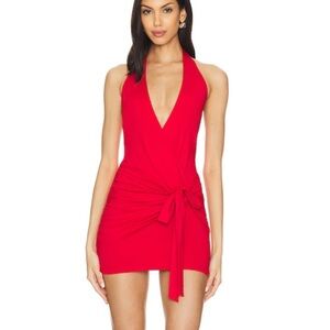 Superdown Chloe Halter Mini Dress Cherry Red bow tie stretch Revolve XXS